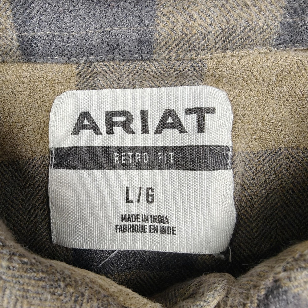 Ariat Flannel Shirt Mens Large Beige Plaid Cotton Long Sleeve Snap Western - Picture 4 of 10